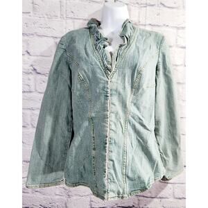 VTG Company Ellen Tracy Stonewash Ruffled Collar Denim Jacket 6 Long Sleeves